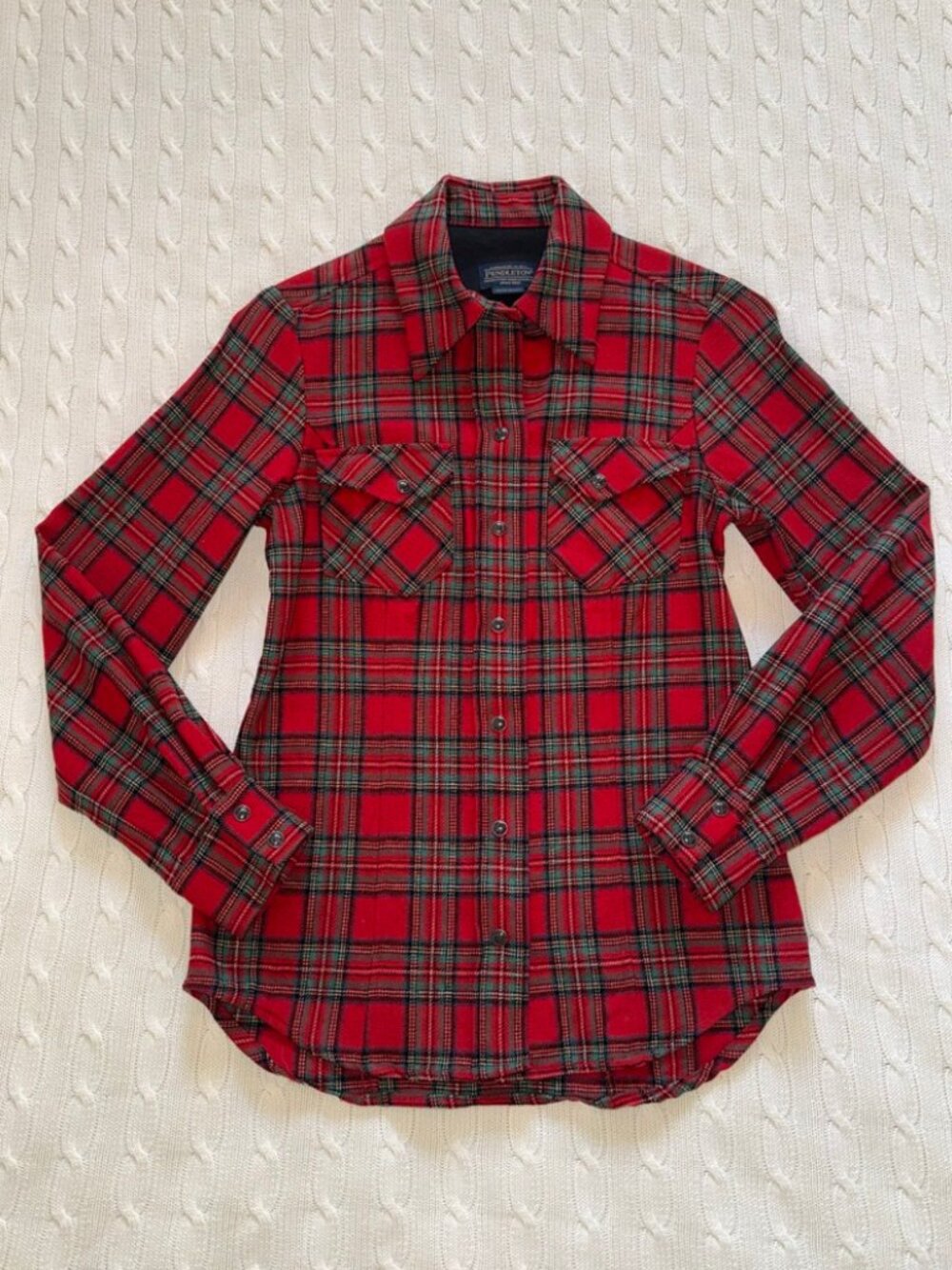 Vintage PENDLETON 100% Wool Red Plaid Pearl Snap Shirt Top XS